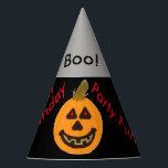 Halloween Pumpkin Balloons Boo Birthday Hats<br><div class="desc">Halloween Birthday custom Party Hats. Black and silver two-tone party hats with the wording, Boo, Ghostly Fun, Scary Fun, Happy Birthday Party Fun written in black and red text all around hats. Smiling pumpkin and colorful balloons in red, orange, yellow, blue, green for a special Halloween Birthday or 1st Birthday,...</div>