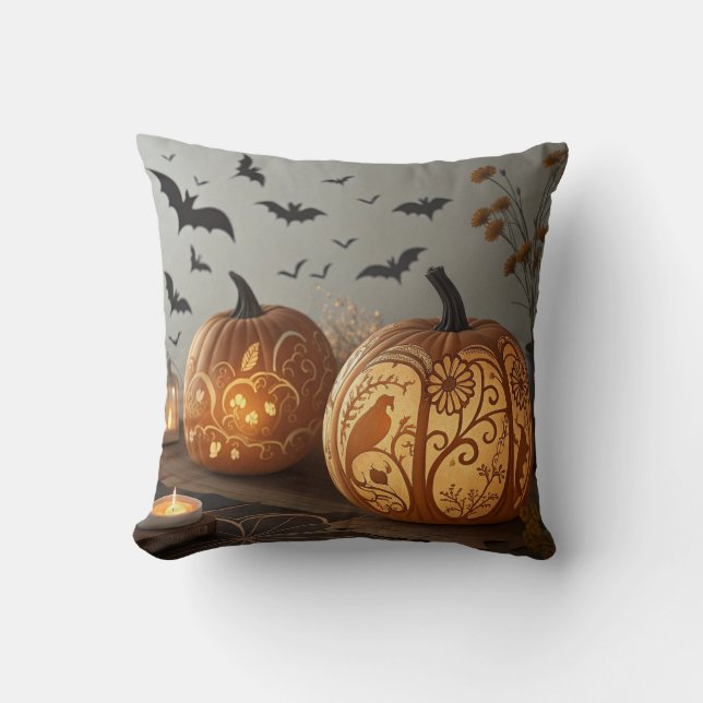 "Halloween Pumpkin & Bat Pattern Cushion" Throw Pillow (Front)