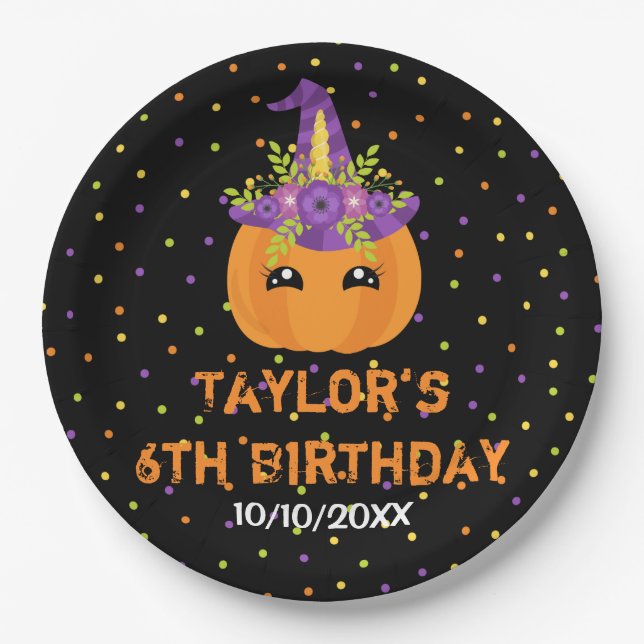 Halloween Pumpkin Birthday Black and Orange Paper  Plates (Front)