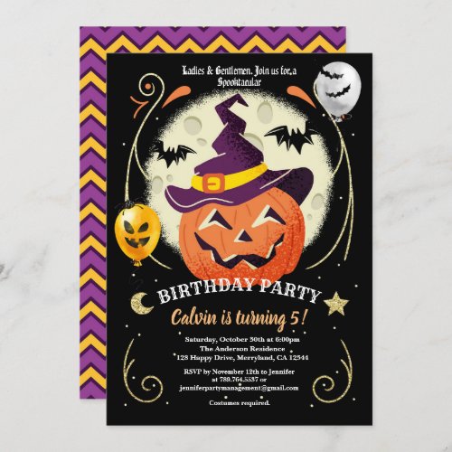 Halloween pumpkin birthday party black orange gold invitation