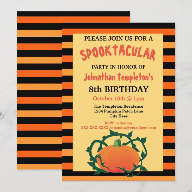 Halloween Pumpkin Birthday Party Invitations (Front/Back)