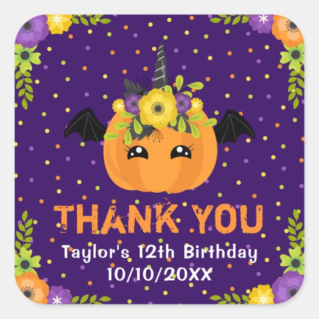 Halloween Pumpkin Birthday Purple Thank You Square Square Sticker (Front)