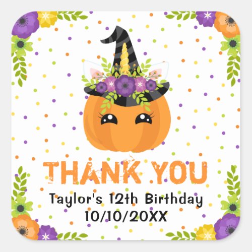 Halloween Pumpkin Birthday White Thank You Square  Square Sticker