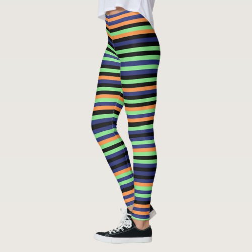 Halloween Pumpkin Black Blue Stripe Tights Womens Leggings