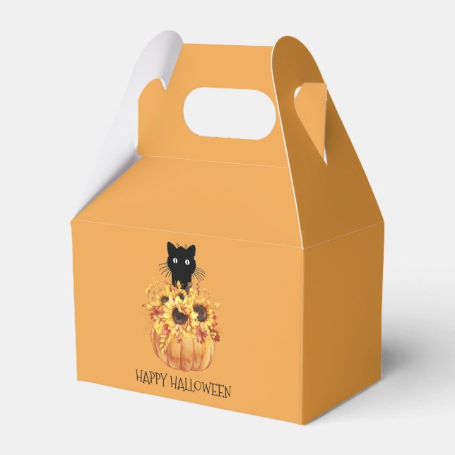 Halloween Pumpkin Black Cat Favor Box (Front Side)