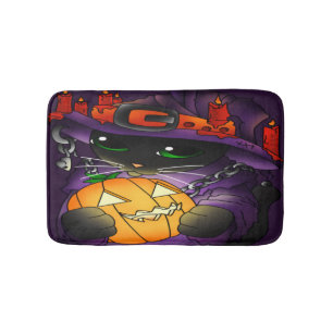 Halloween Pumpkin Black Witch Cat Bath Mat
