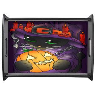 Halloween Pumpkin Black Witch Cat Serving Tray