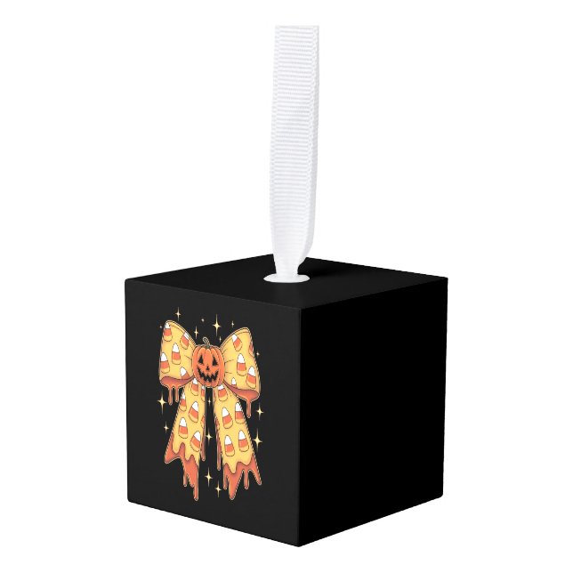 Halloween Pumpkin Bow Candy Corn Cube Ornament (Front Angled)
