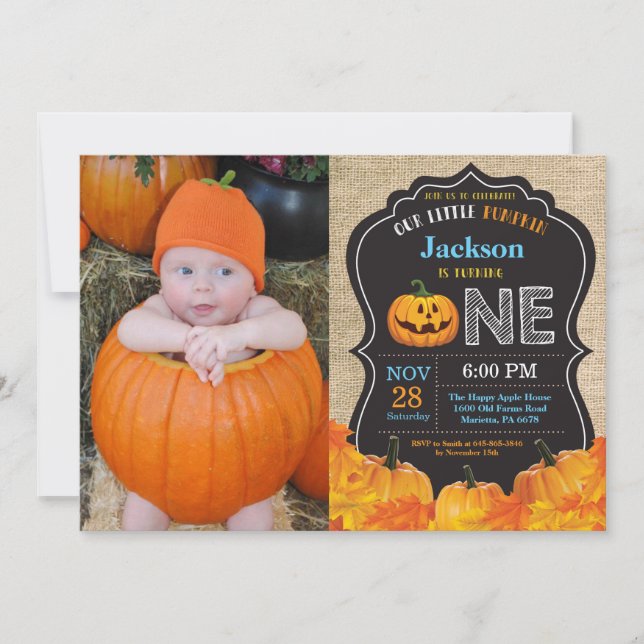Halloween Pumpkin Boy 1st Birthday Blue Burlap Invitation (Front)