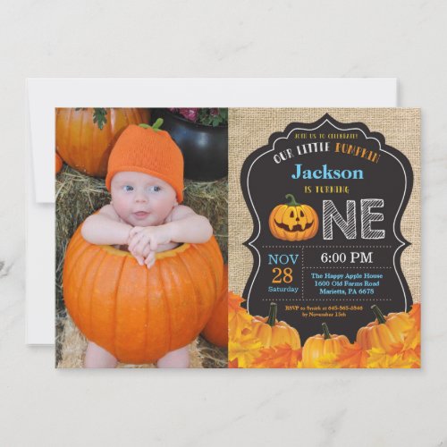 Halloween Pumpkin Boy 1st Birthday Blue Burlap Invitation