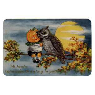Halloween Pumpkin Boy Owl Tree Branch Moon Vintage Magnet