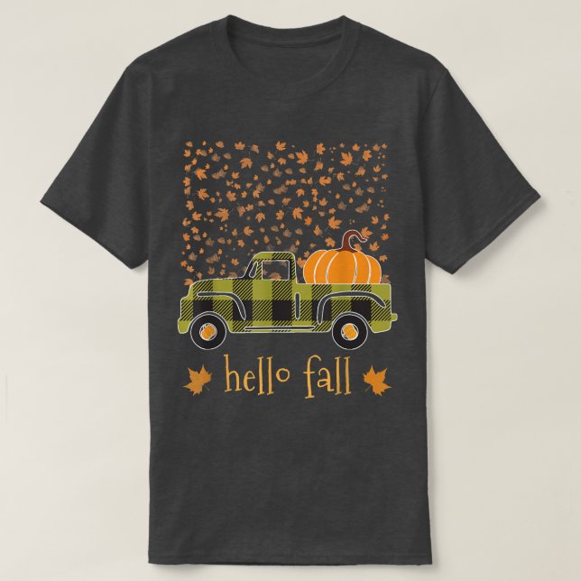 Halloween Pumpkin Buffalo Plaid Truck Hello Tree F T-Shirt (Design Front)