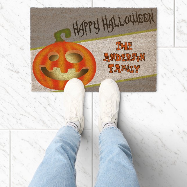 Halloween Pumpkin - cartoon horror personalizable Fiber Doormat (Insitu)