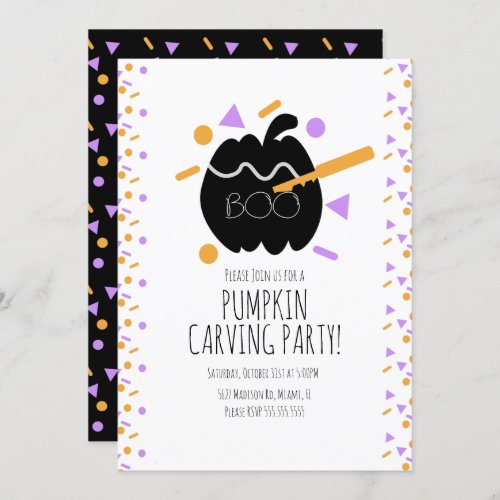 Halloween Pumpkin Carving Black Pumpkin Confetti Invitation