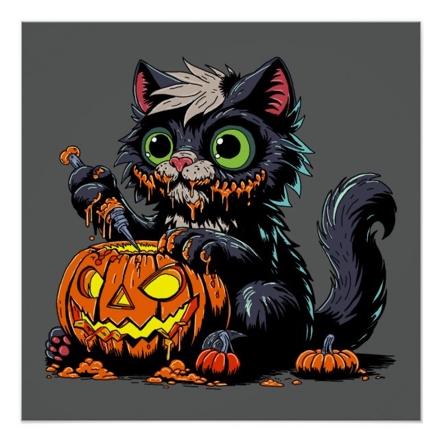 Halloween Pumpkin Carving Cat Poster (Front)