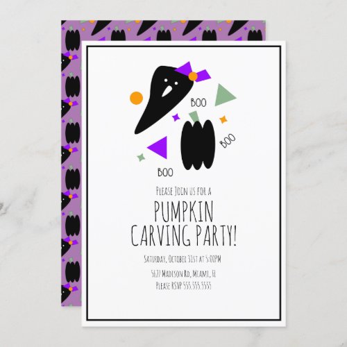 Halloween Pumpkin Carving Cute Ghost Confetti Invitation