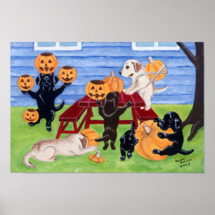 Halloween Pumpkin Carving Labradors Artwork Poster