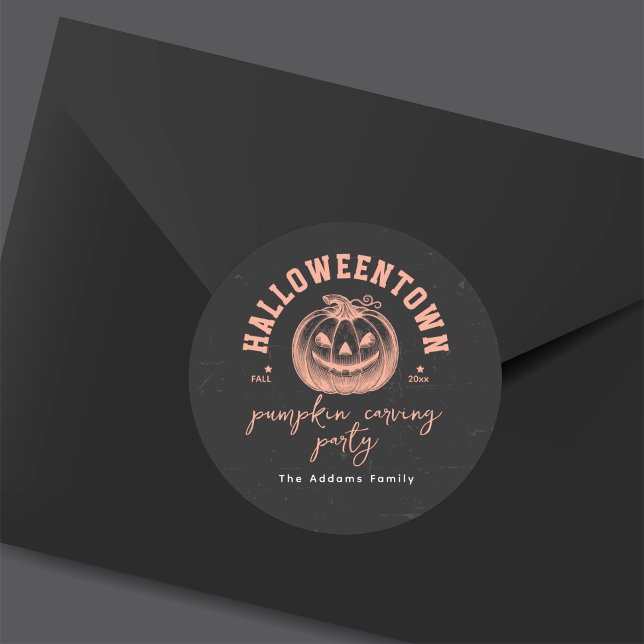 Halloween Pumpkin Carving Party Orange Black  Classic Round Sticker (Creator Uploaded)