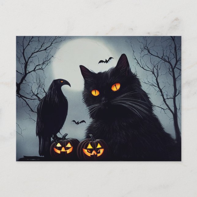 Halloween pumpkin cat and raven on full moon. postcard (Front)