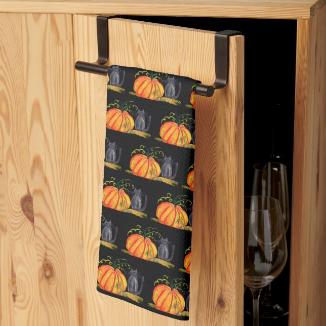 Halloween Pumpkin Cat Cute Pattern Orange Fall Kitchen Towel (Thirds Fold)
