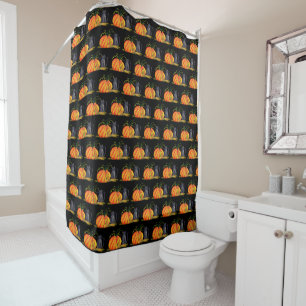 Halloween Pumpkin Cat Cute Pattern Orange Fall Shower Curtain
