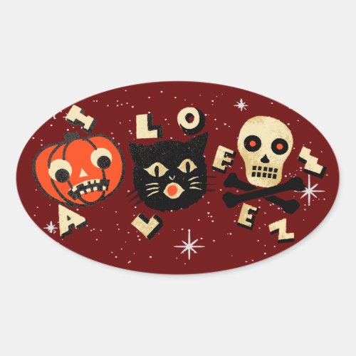 Halloween pumpkin cat skull vintage oval sticker