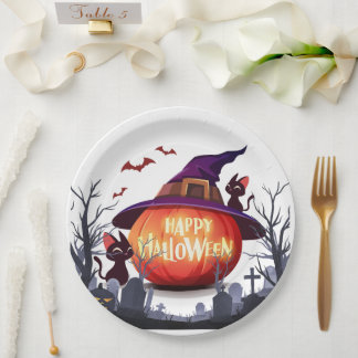 Halloween Pumpkin, Cats & Witch Ha Paper Plates