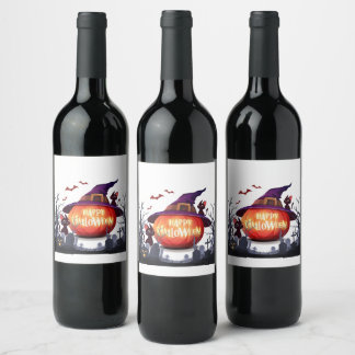 Halloween Pumpkin, Cats & Witch Ha Wine Label