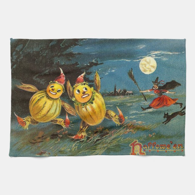 Halloween Pumpkin Characters and Witch Kitchen Towel (Horizontal)