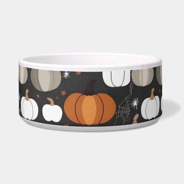 Halloween Pumpkin & Cobweb Dog Bowl – Fall Colors (Front)