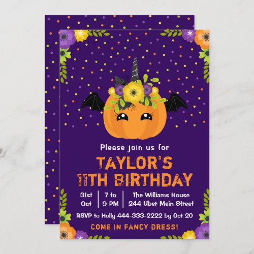 Halloween Pumpkin Costume Birthday Party Purple In Invitation