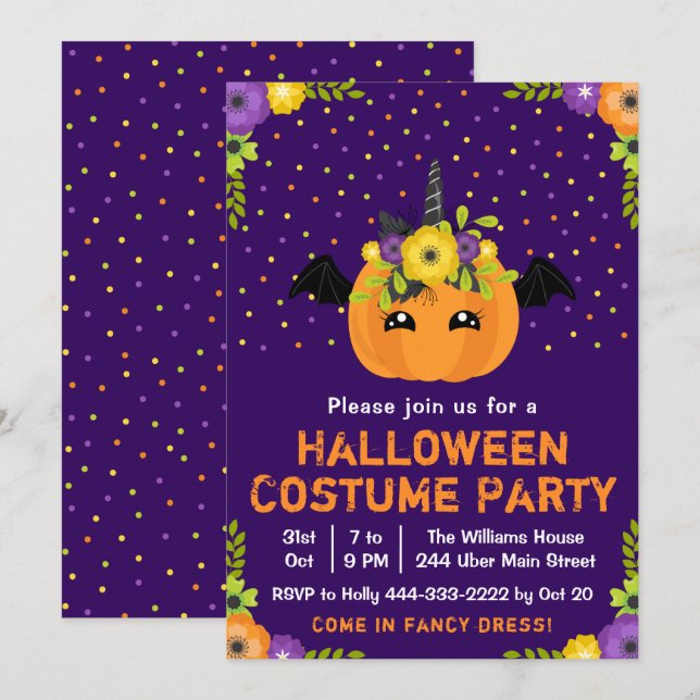Halloween Pumpkin Costume Party Purple Invitation (Front/Back)