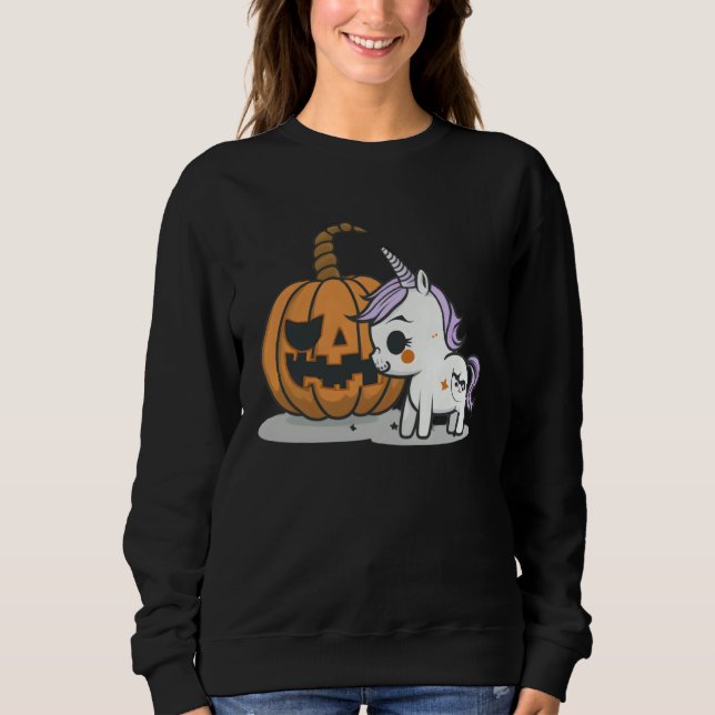 Halloween pumpkin eats unicorn skeleton candy sweatshirt (Front)