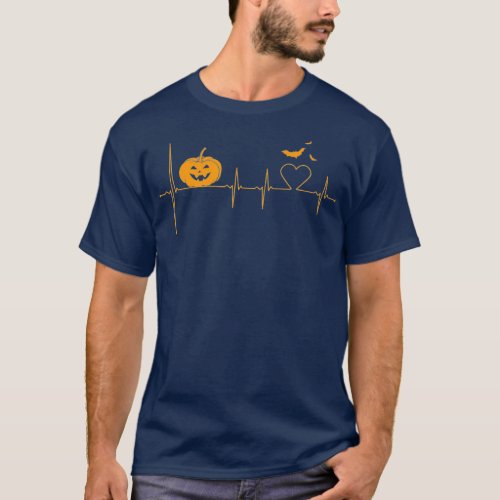 Halloween Pumpkin EKG Heartbeat Monitor Bat T_Shirt