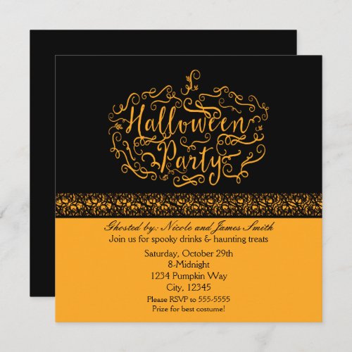 Halloween Pumpkin Elegant Black Orange Invitations