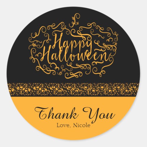 Halloween Pumpkin Elegant Black Orange Party Favor Classic Round Sticker