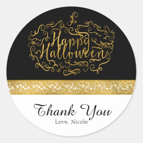 Halloween Pumpkin Elegant Black White Gold Favor Classic Round Sticker