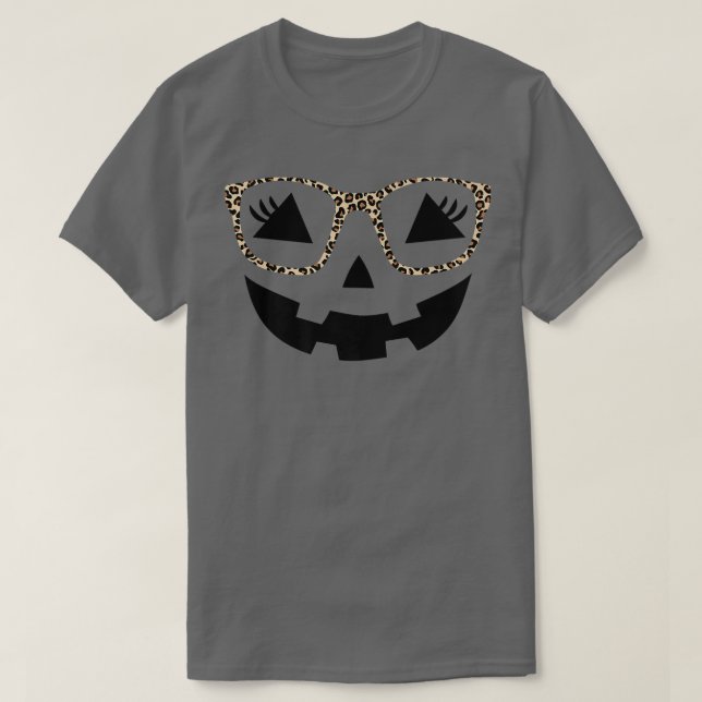 Halloween pumpkin face eyelashes leopard glasses h T-Shirt (Design Front)