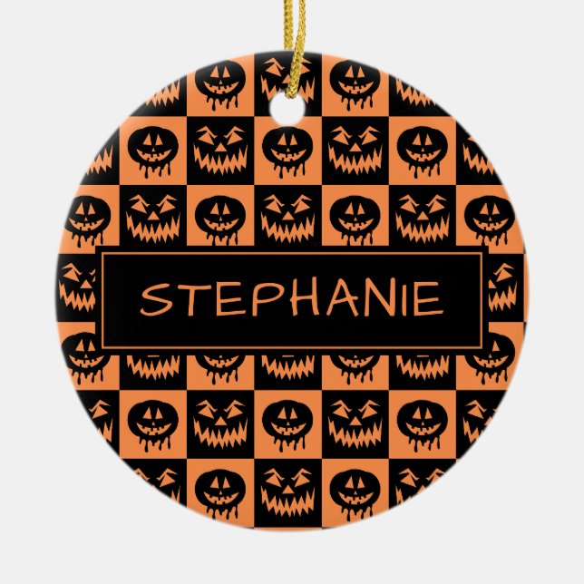 Halloween Pumpkin Face Ghost Spooky Pattern Custom Ceramic Ornament (Front)