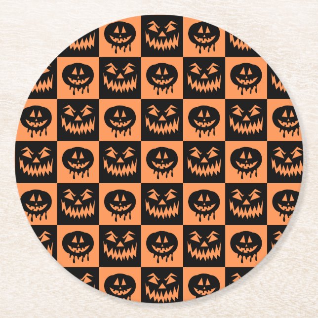 Halloween Pumpkin Face Ghost Spooky Pattern Round Paper Coaster (Front)