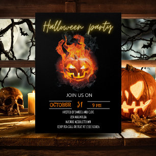 Halloween Pumpkin Flaming Editable Neon Text Invitation