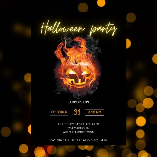 Halloween Pumpkin Flaming Editable Neon Text Invitation
