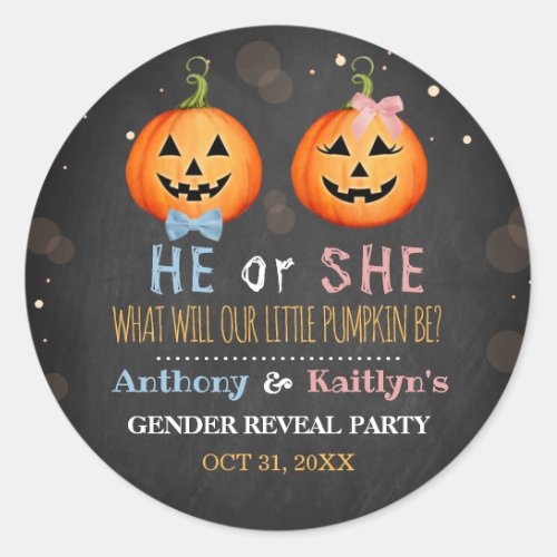 Halloween Pumpkin Gender Reveal Party Classic Round Sticker