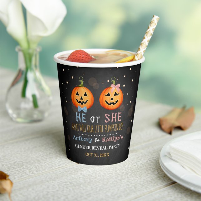 Halloween Pumpkin Gender Reveal Party Paper Cups (Insitu)