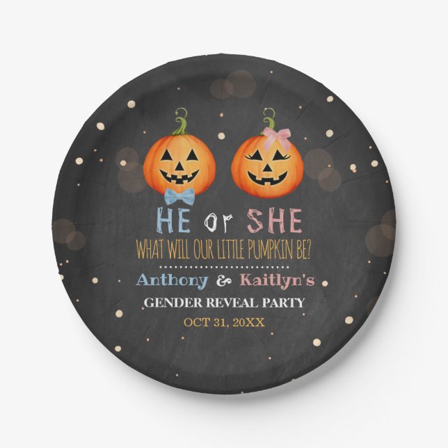 Halloween Pumpkin Gender Reveal Party Paper Plates (Front)