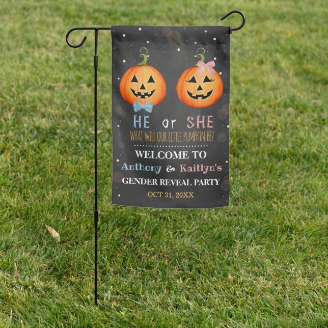 Halloween Pumpkin Gender Reveal Party Welcome Garden Flag (In SItu)