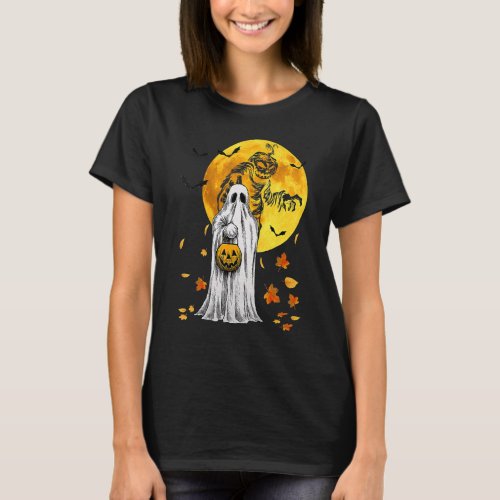 Halloween Pumpkin Ghost Autumn Leaves Graphic Art T_Shirt