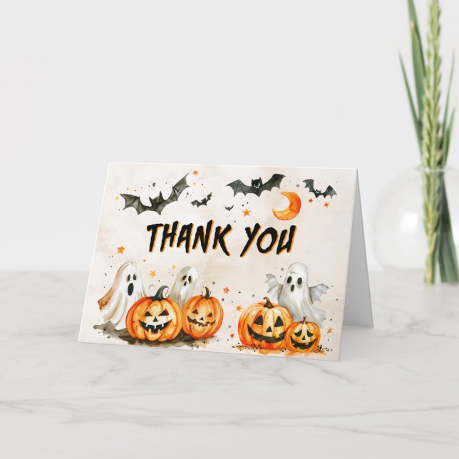 Halloween Pumpkin Ghost Birthday Party Thank You Card (Front)