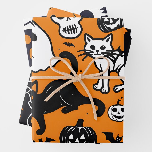Halloween Pumpkin Ghost Black Cat Skull Wrapping Paper Sheets (In situ)