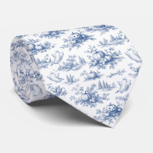 Halloween Pumpkin Ghost Toile de Jouy Pattern Blue Neck Tie